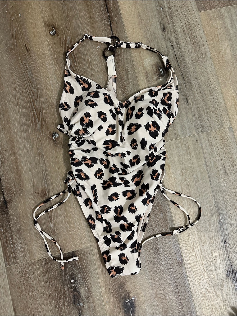 Kona Sol One Piece Swimsuit Leopard‎ Print Ruched Side Tie Halter Neck Women M